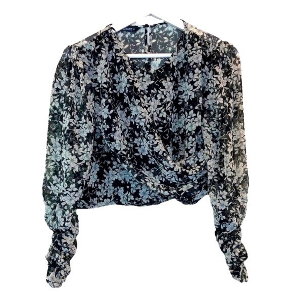 Zara Floral Ruched Sleeve Crop Blouse
